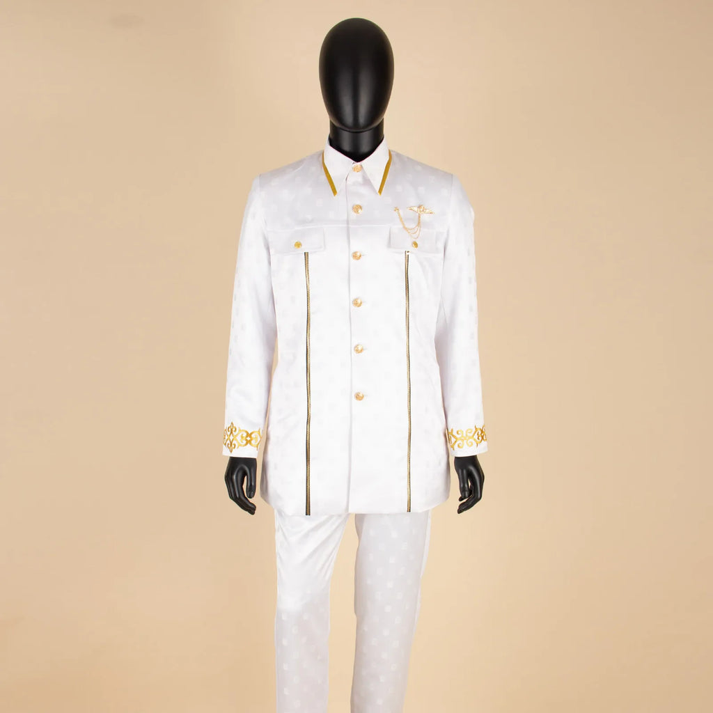 African Men Suit for Traditional Wedding Custom Business Attire Gold Embroidery Coat Pants Set Party Bazin Riche Attire 2416079