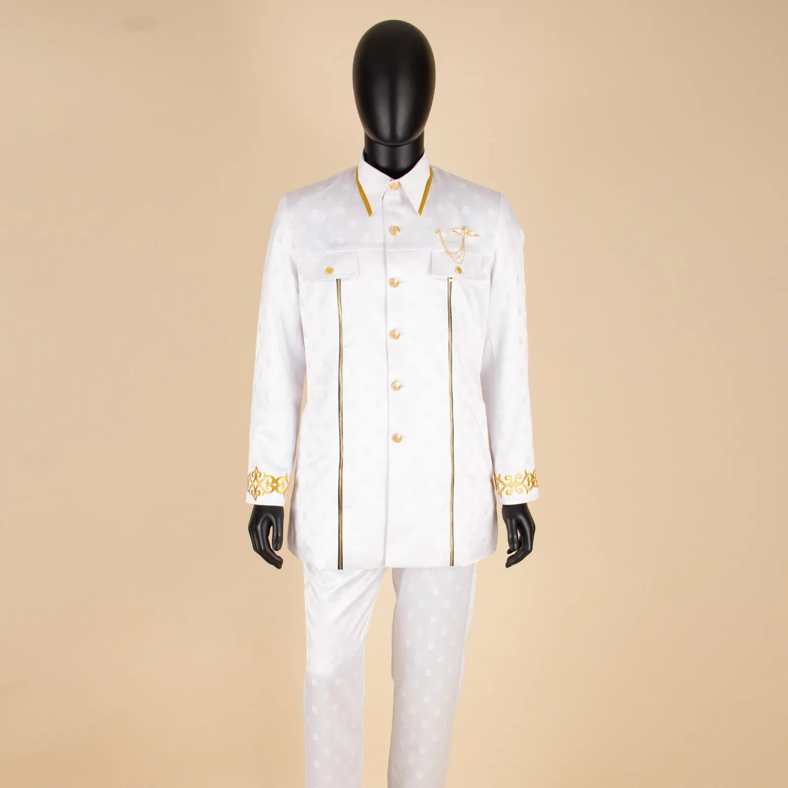 African Men Suit for Traditional Wedding Custom Business Attire Gold Embroidery Coat Pants Set Party Bazin Riche Attire 2416079