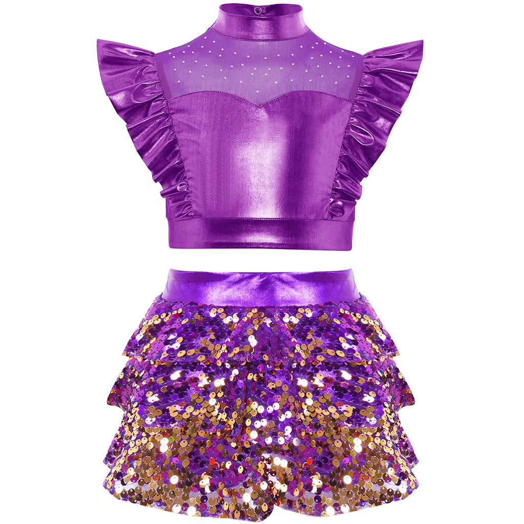 Kid Girls Hip Hop Dance Clothes Kids Jersey Sequin Tiered Skirt Long Tank Top Jazz Metallic Holographic Crop To Cheerleading Set