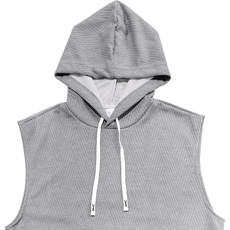 2026 Men's Casual 2 Piece Set Fashion Jacquard Knitted T-shirt Hooded Sleeveless Vest Elastic Waist Shorts Jogging Fitness Suit