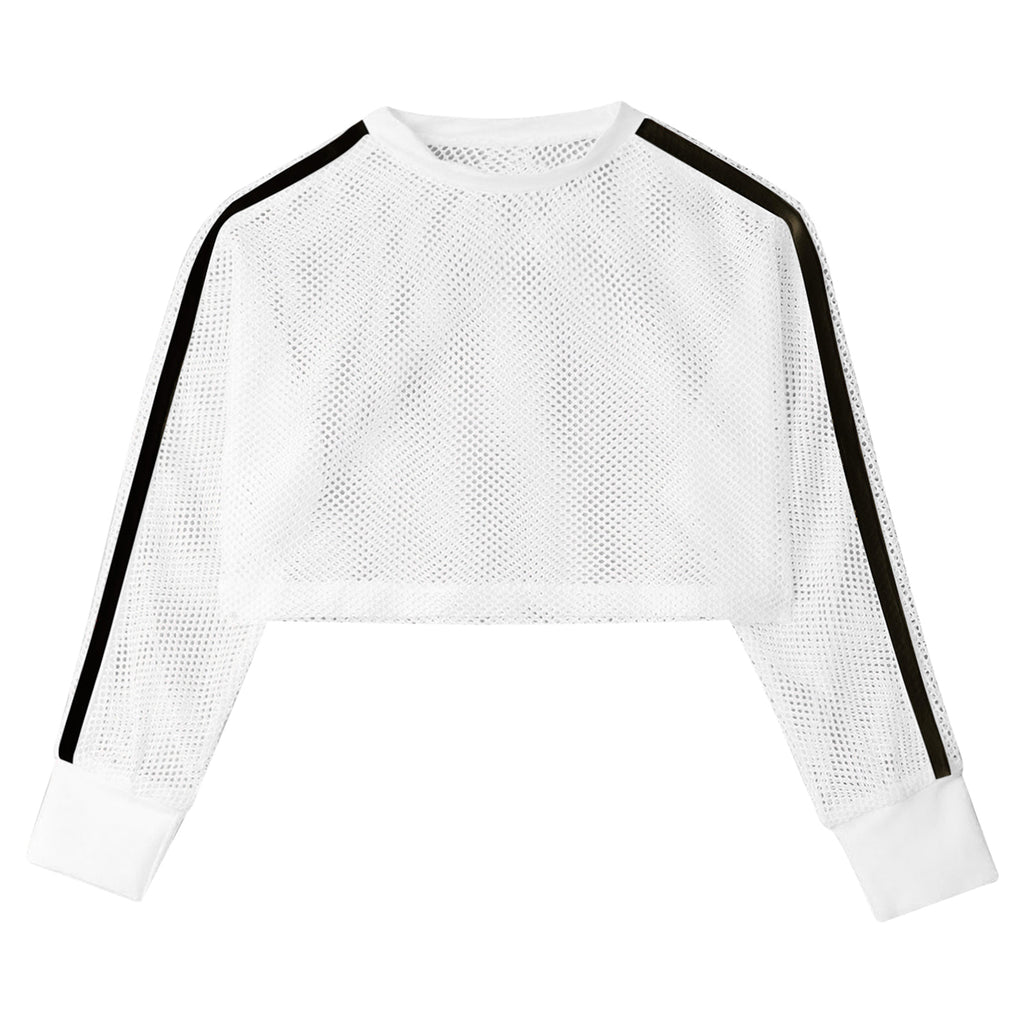 Kids Girls Fishnet T-shirt Hip Hop Street Dance Tops Long Sleeve Round Neck Hollow Out Mesh Crop Top for Workout Gym Sportswear