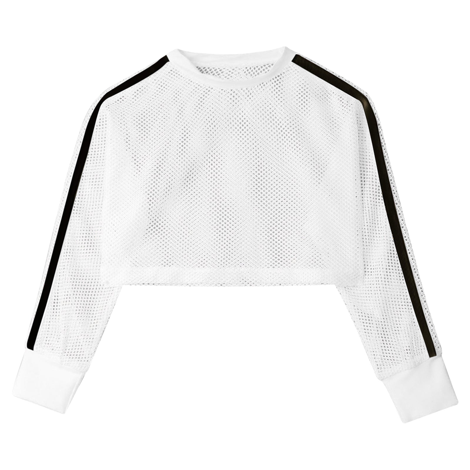 Kids Girls Fishnet T-shirt Hip Hop Street Dance Tops Long Sleeve Round Neck Hollow Out Mesh Crop Top for Workout Gym Sportswear