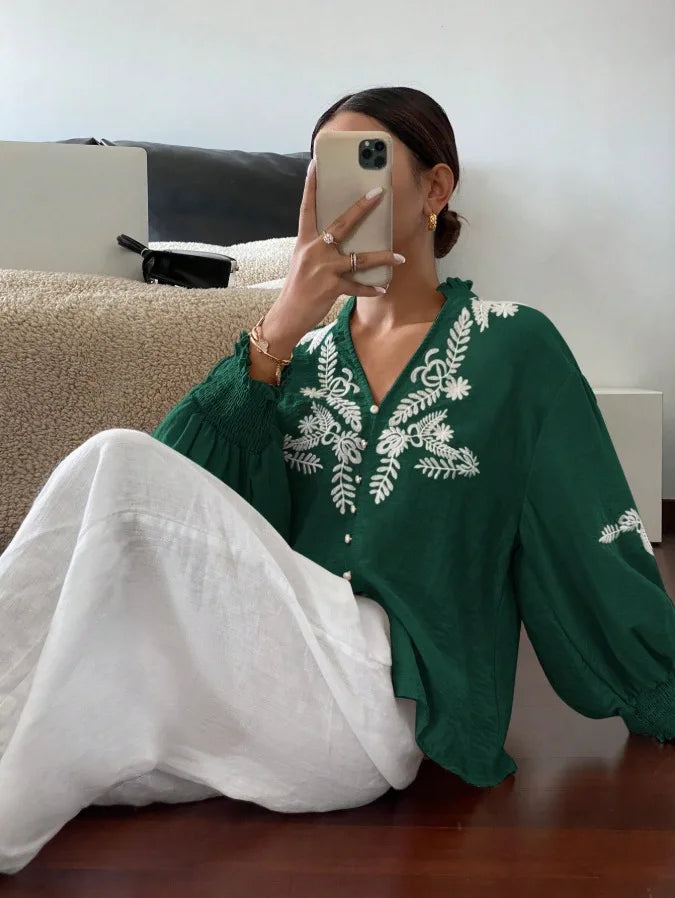 Women Autumn Single Breasted V-neck Blouses and Shirts Ladies Casual Embroidery Long Sleeve Shirt Tops