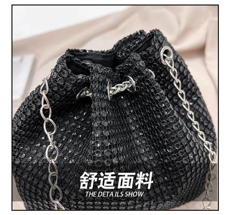 Women Luxury Shoulder Bag Solid Color Rhinestone Glittering Satchel Bag Drawstring Shinny Sling Purse Dinner Party Bag