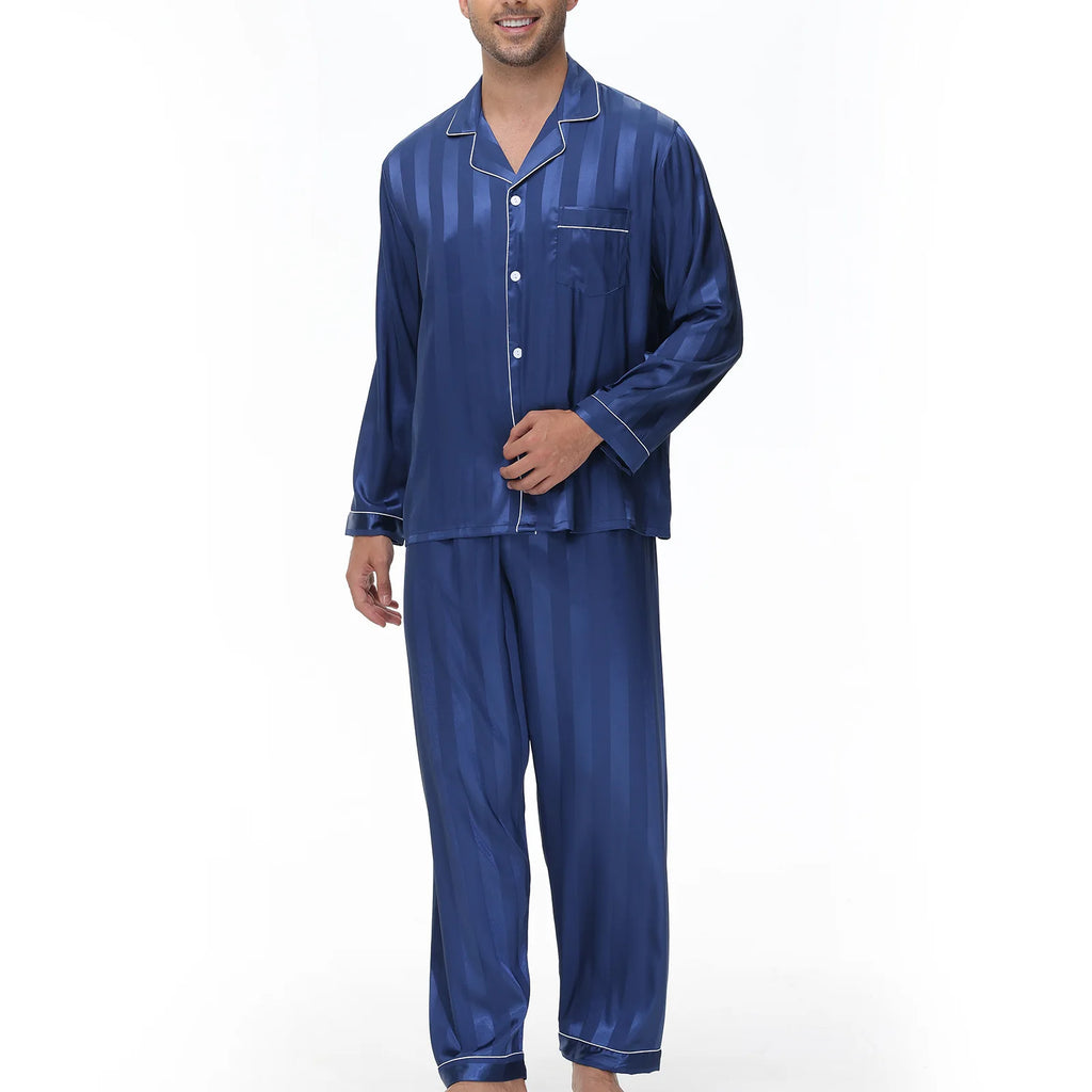 Men Pajamas Sleepwear 2PCS Set Navy Blue Stripes Long Sleeve Trouser Suits Home Clothes Male Loose Silk Satin Pijamas Loungewear