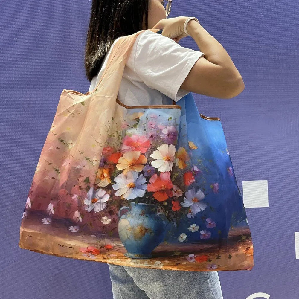 Large Reusable Grocery Shopping Bag Ladies Tote 50lb Fashion Pocket Shoulder Bag Foldable Eco Bag Washable