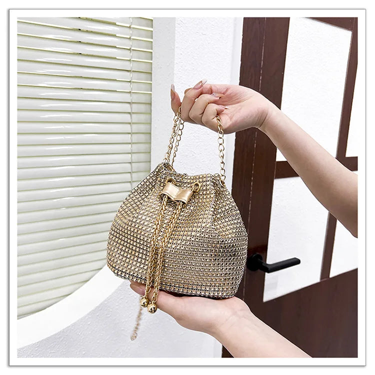Women Luxury Shoulder Bag Solid Color Rhinestone Glittering Satchel Bag Drawstring Shinny Sling Purse Dinner Party Bag