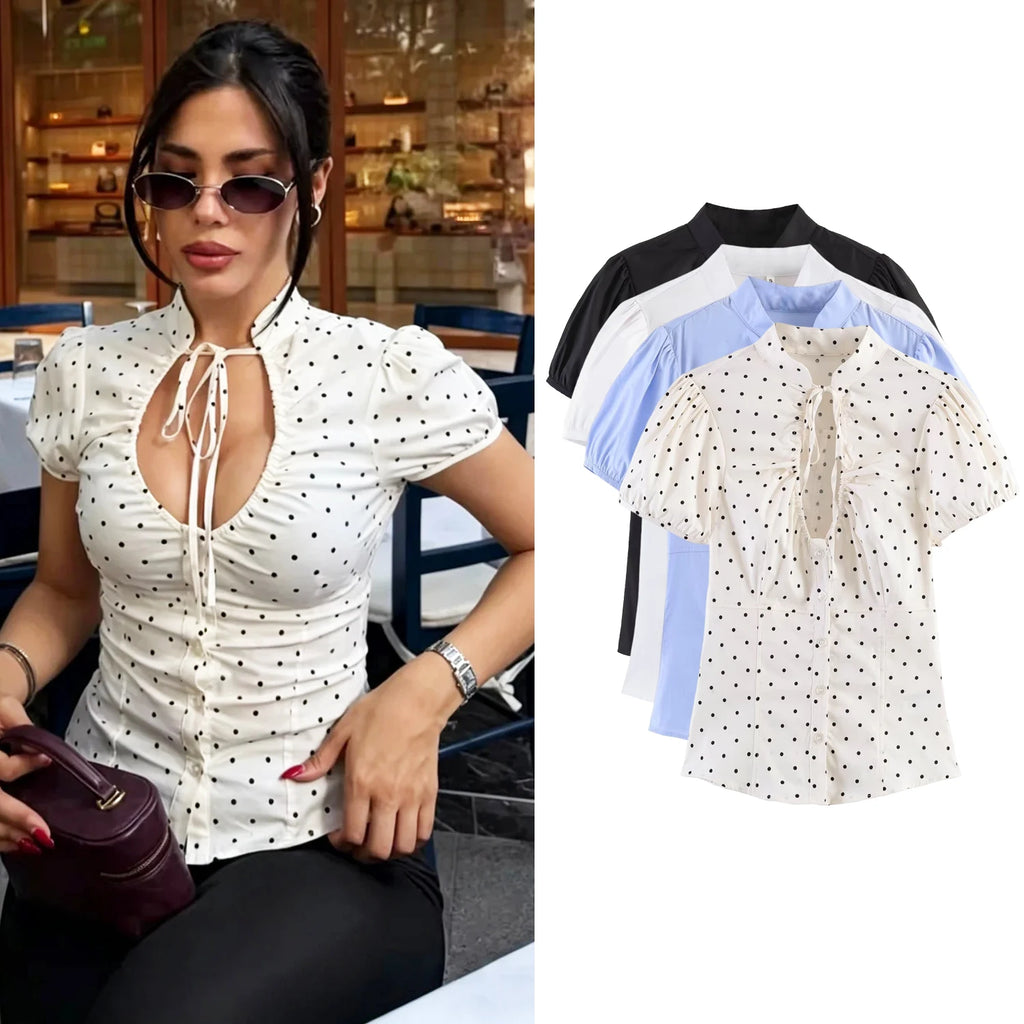 Women Sexy V-Neck Single Breasted Crop Shirts 2026 Summer Female Chic Bow Lace-Up Puff Sleeve Slim Shirts Y2K Girl Cute Shirt