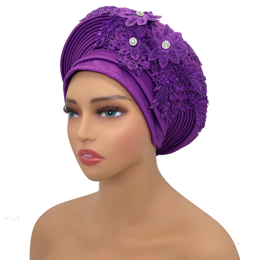 Elegant African Autogele Women's Turban Cap Nigeria Wedding Gele Ready to Wear Headtie with Embroidery Lace Party Headwear