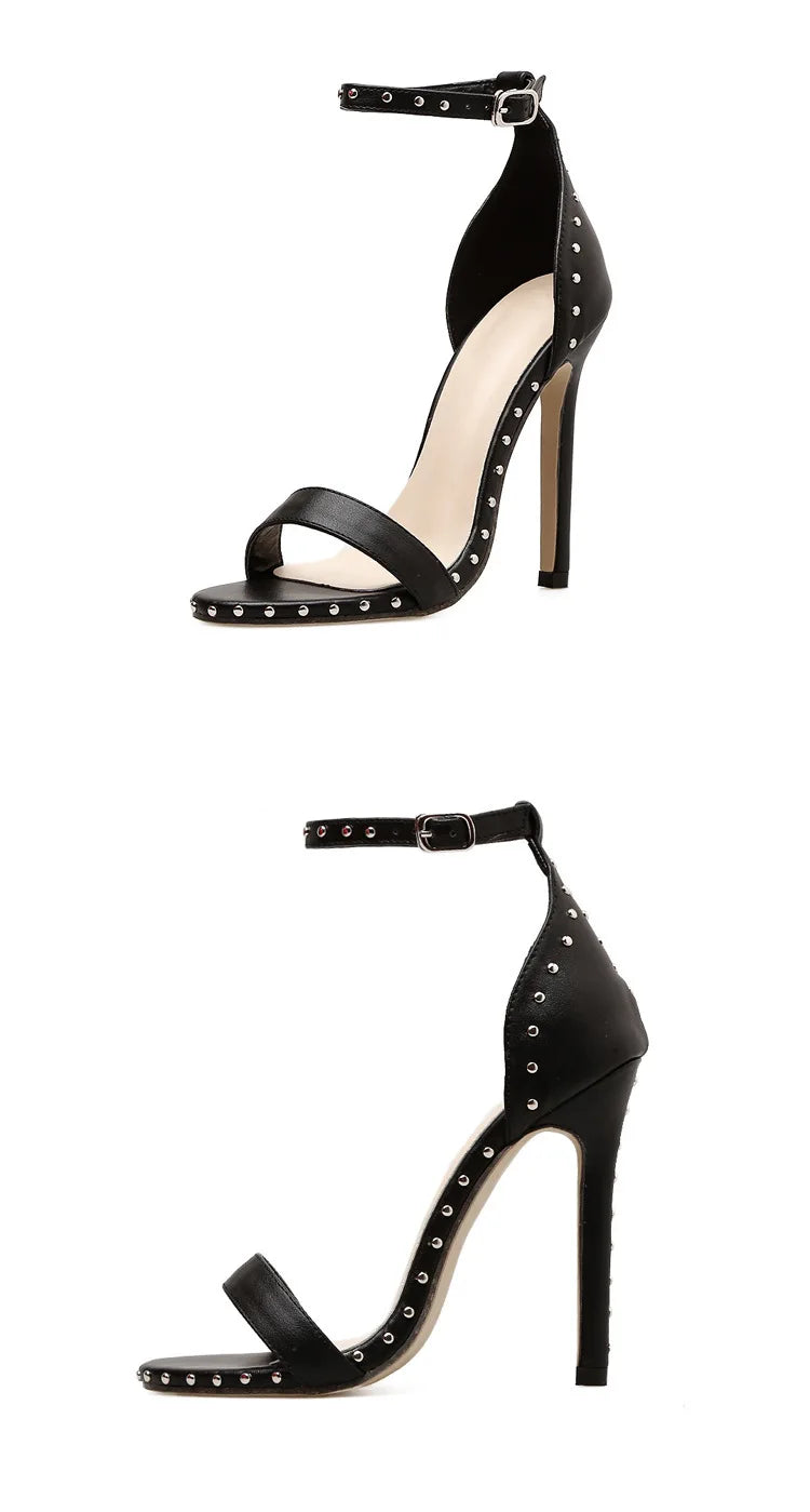Women Sandals High Heels 2025 Summer Thin Heel PU Leather Rivet Peep Toe Sexy Party Shoes Sandalia Feminina Zapatos Mujer