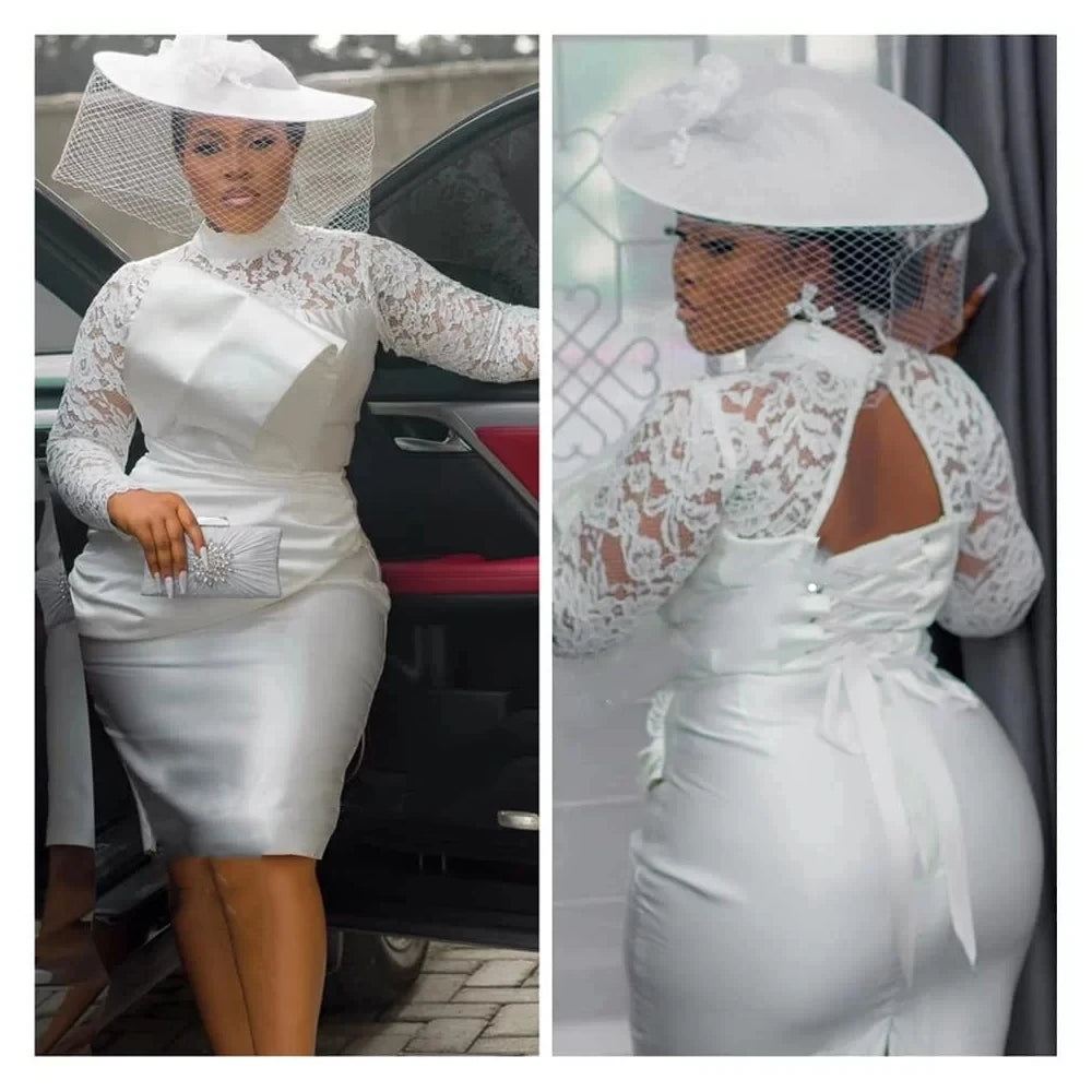 Customized Aso Ebi Short Cocktail Dresses Merimaid High Neck Lace White Wedding Guest Dress Long Sleeves Robe