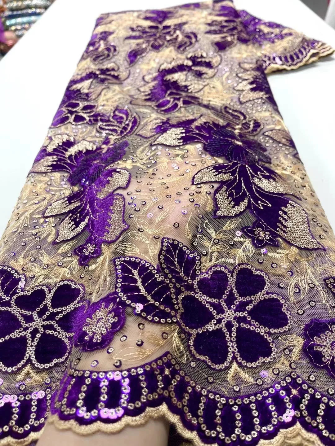 1 Yards African Velvet Tassel Lace Fabric with Intricate Embroidery Laser Cut Traditional Nigerian Attire Drapes Designs Sewing