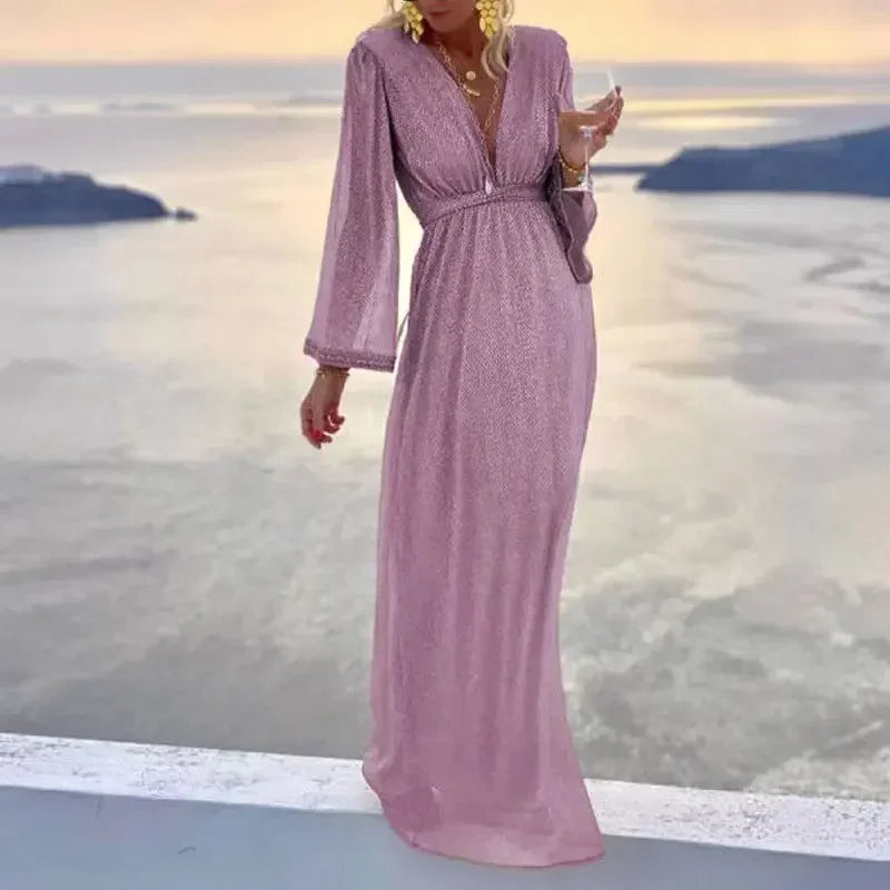 New 2026 Women's Sexy Evening Dresses Deep V-neck Gold Elegant Dress Female Wedding Party Long Formal Prom Party Gowns Vestidos