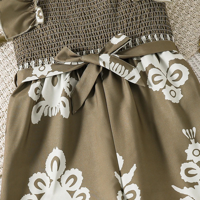 Girls 8-12 Casual Jumpsuit, Brown Floral Print Ruffle Strap Smocked Bodice Jumpsuit with Belt, Boho for Daily Summer Wear