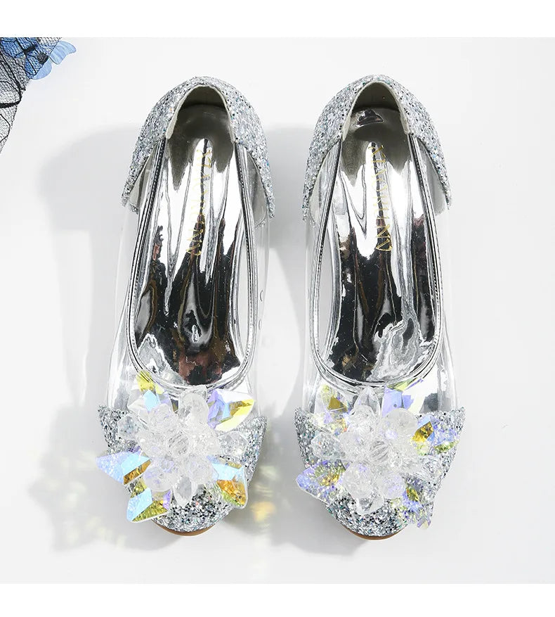 Pink Blue Princess Dance Shoes for Girls Low Heels for Kids Birthday Party Glitter Crystal Diamond Shoe Child Gown Leather Shoes