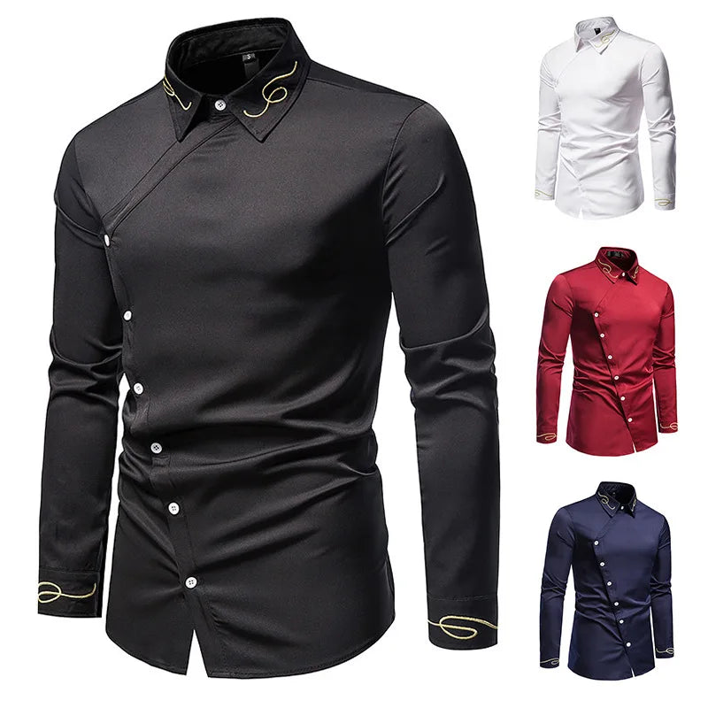 Men's Irregular Oblique Button Up Dress Shirts Streetwear Luxury Elegant Embroidery Business Shirt Chemise Homme Mens Blouses