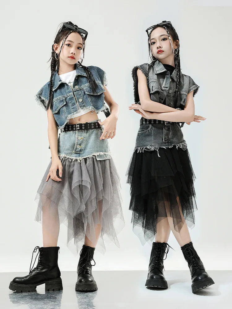 Girls Hip Hop Clothing Denim Sleeveless Jacket Vest Top Street Patchwork Mesh Skirt for Kids Jazz Dance Costume Clothes
