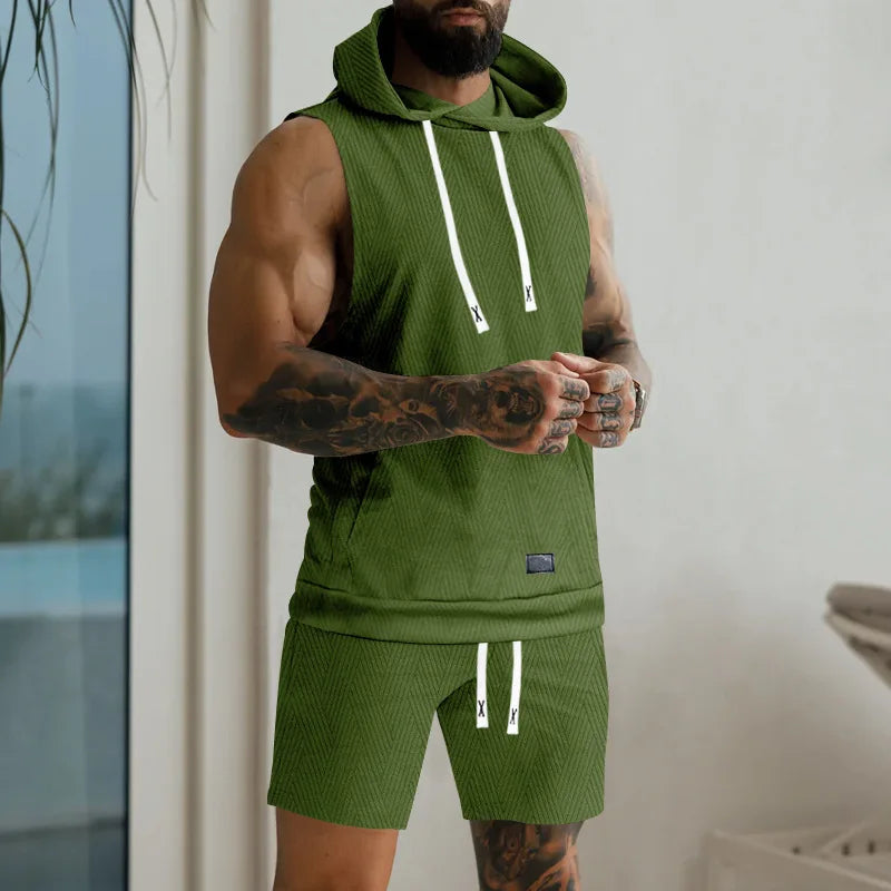 2026 Men's Casual 2 Piece Set Fashion Jacquard Knitted T-shirt Hooded Sleeveless Vest Elastic Waist Shorts Jogging Fitness Suit
