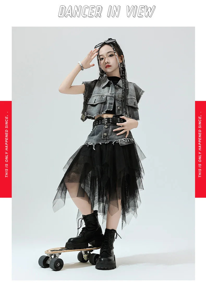 Girls Hip Hop Clothing Denim Sleeveless Jacket Vest Top Street Patchwork Mesh Skirt for Kids Jazz Dance Costume Clothes