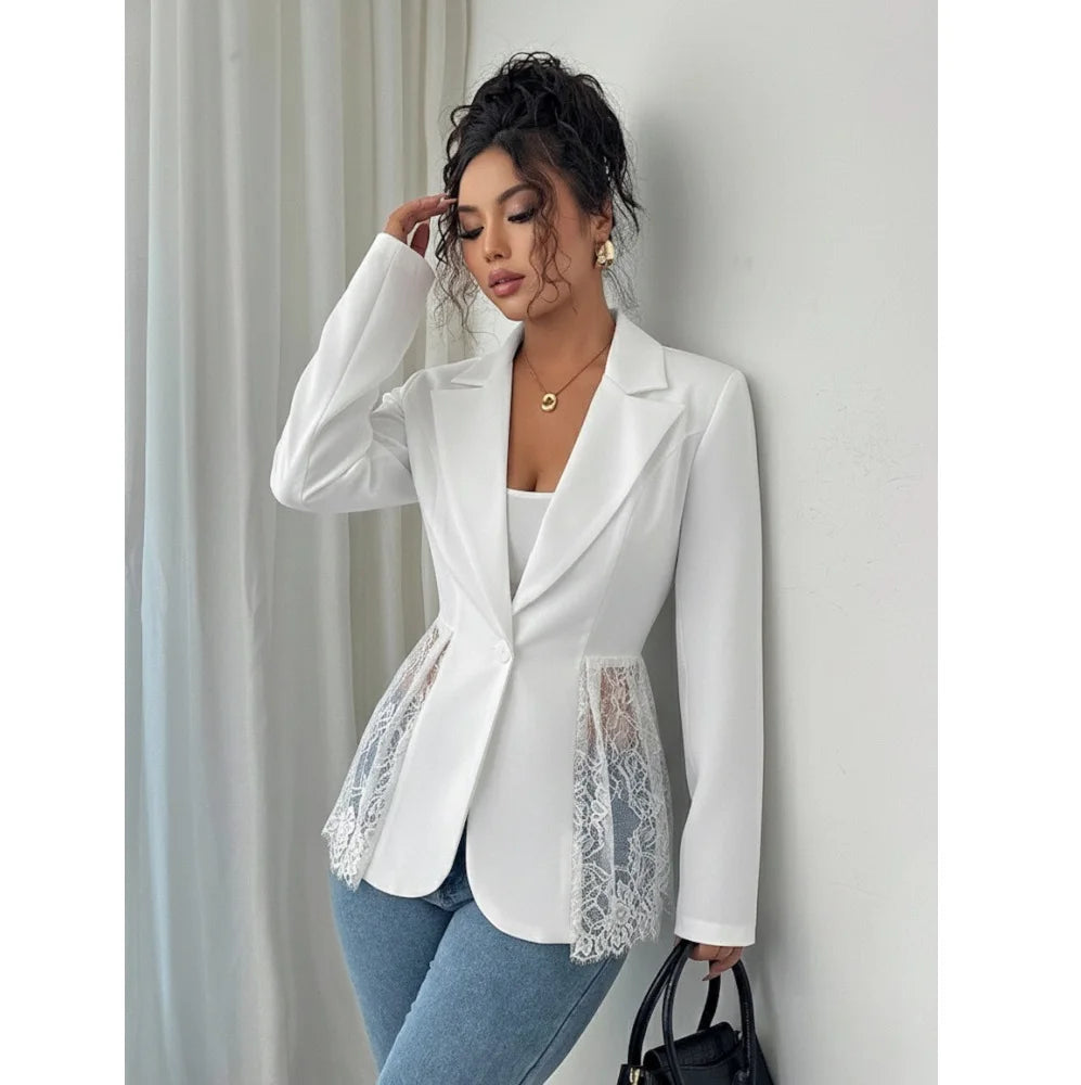 Women Elegant Blazer Suits Ladies Spring Autumn Long Sleeve Single Button Jackets Coats with Lace Hem