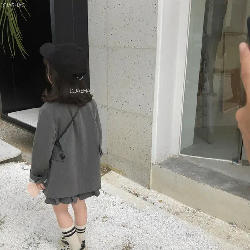 Baby Girls Boy Suit  Kids Tops Coats Jacket British Gray Childrens Clothing Fashion Double-breasted Spring Autumn Costume Sets