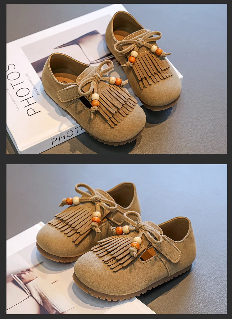 Girls' All-inclusive fringed Boken shoes 2025 Autumn Edition Soft-soled little girl princess Shoes Children's Bean single shoes
