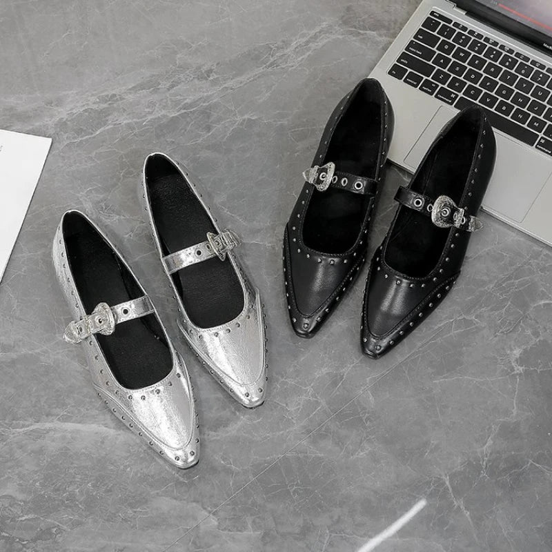 Women's Dance Shoes, Lightweight Punk Rivet Mary Jane Flats, Metallic Pointed Toe Casual Shoes for Festival,Party and Streetwear
