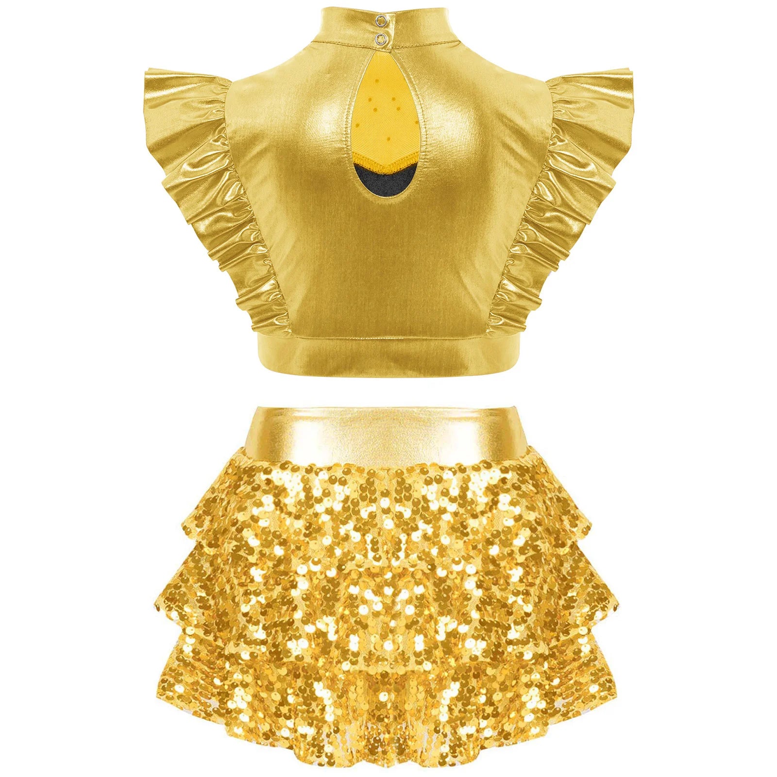 Kid Girls Hip Hop Dance Clothes Kids Jersey Sequin Tiered Skirt Long Tank Top Jazz Metallic Holographic Crop To Cheerleading Set