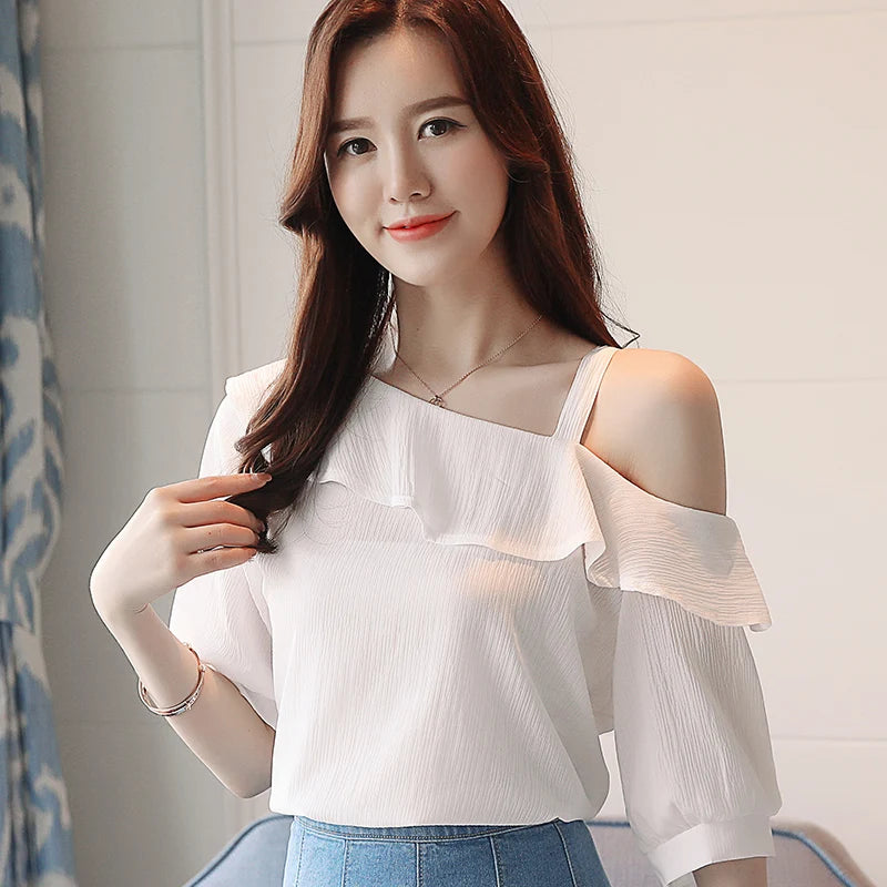 Fashion Women Blouses Sexy Slash Neck Chiffon Women Blouse Shirt Short Sleeve Summer Ladies Tops