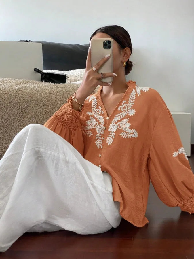 Women Autumn Single Breasted V-neck Blouses and Shirts Ladies Casual Embroidery Long Sleeve Shirt Tops