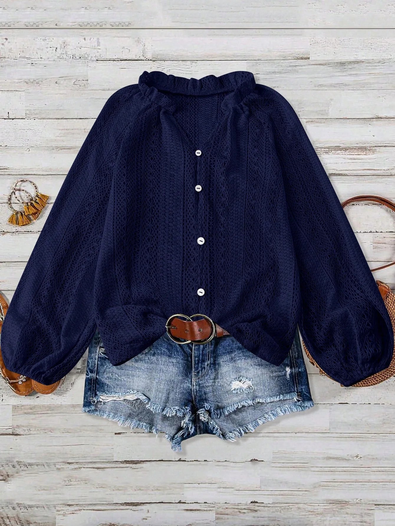 Women's Blouses Spring And Autumn New Loose Fashion Simple All-Match Hollow Lace V-neck Single Breaked Long Sleeve Women Shirts