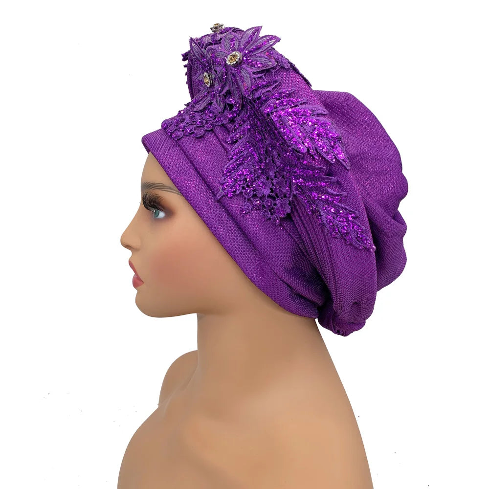Elegant African Autogele Women's Turban Cap Nigeria Wedding Gele Ready to Wear Headtie with Embroidery Lace Party Headwear