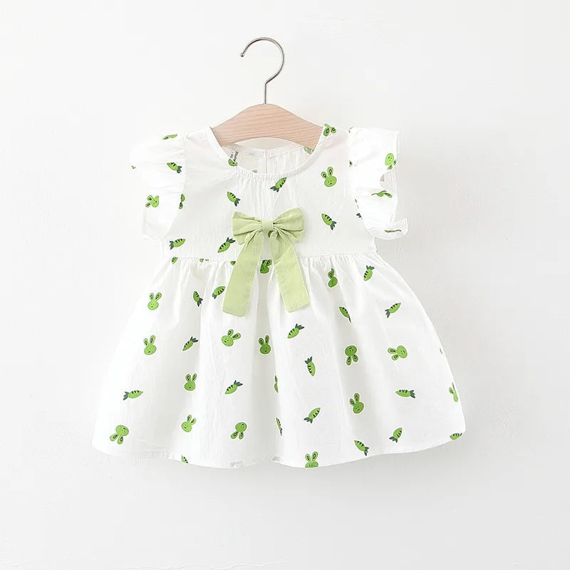 Summer Baby Girls Dresses Toddler Clothes Fashion Cartoon Print Short Sleeved Bow Princess Dress Newborn Children Cute Clothing