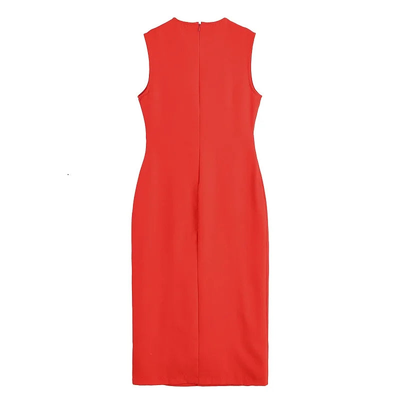 MUJER 2025 Women's Dress Summer Sleeveless Midi Dress Woman Red Black Office Long Dresses for Women Chic Belt Button Dress Women
