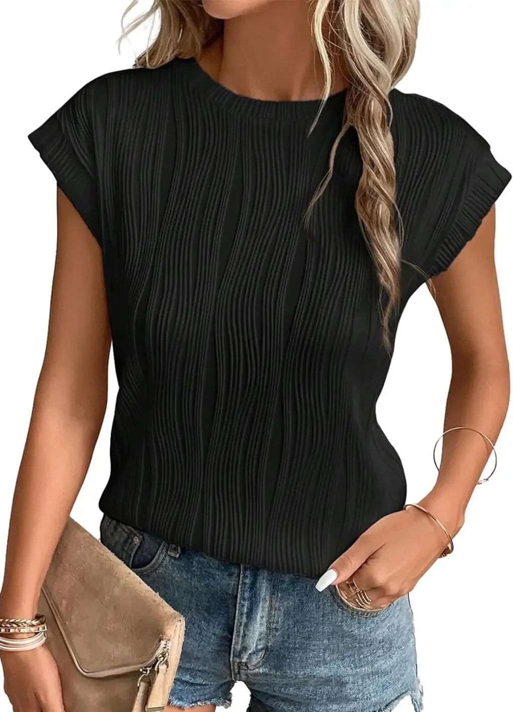 2025 Summer New Womens t-shirt Short Sleeve Textured Tops Crewneck Knit Solid Loose Casual Basic T Shirts Tee Blouses