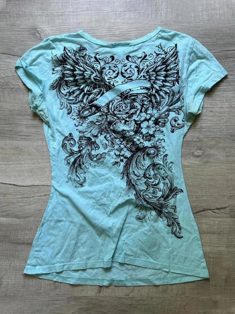 V-Neck Gothic Women Casual Punk Vintage Print T-shirts Short Sleeve Streetwear Slim Tees Subculture Female Summer New Clothing