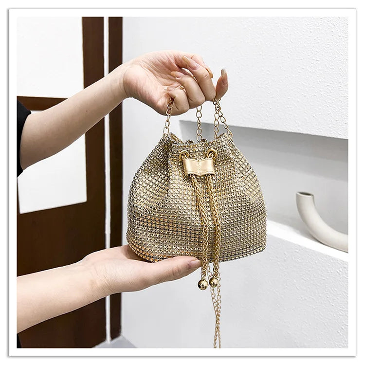 Women Luxury Shoulder Bag Solid Color Rhinestone Glittering Satchel Bag Drawstring Shinny Sling Purse Dinner Party Bag