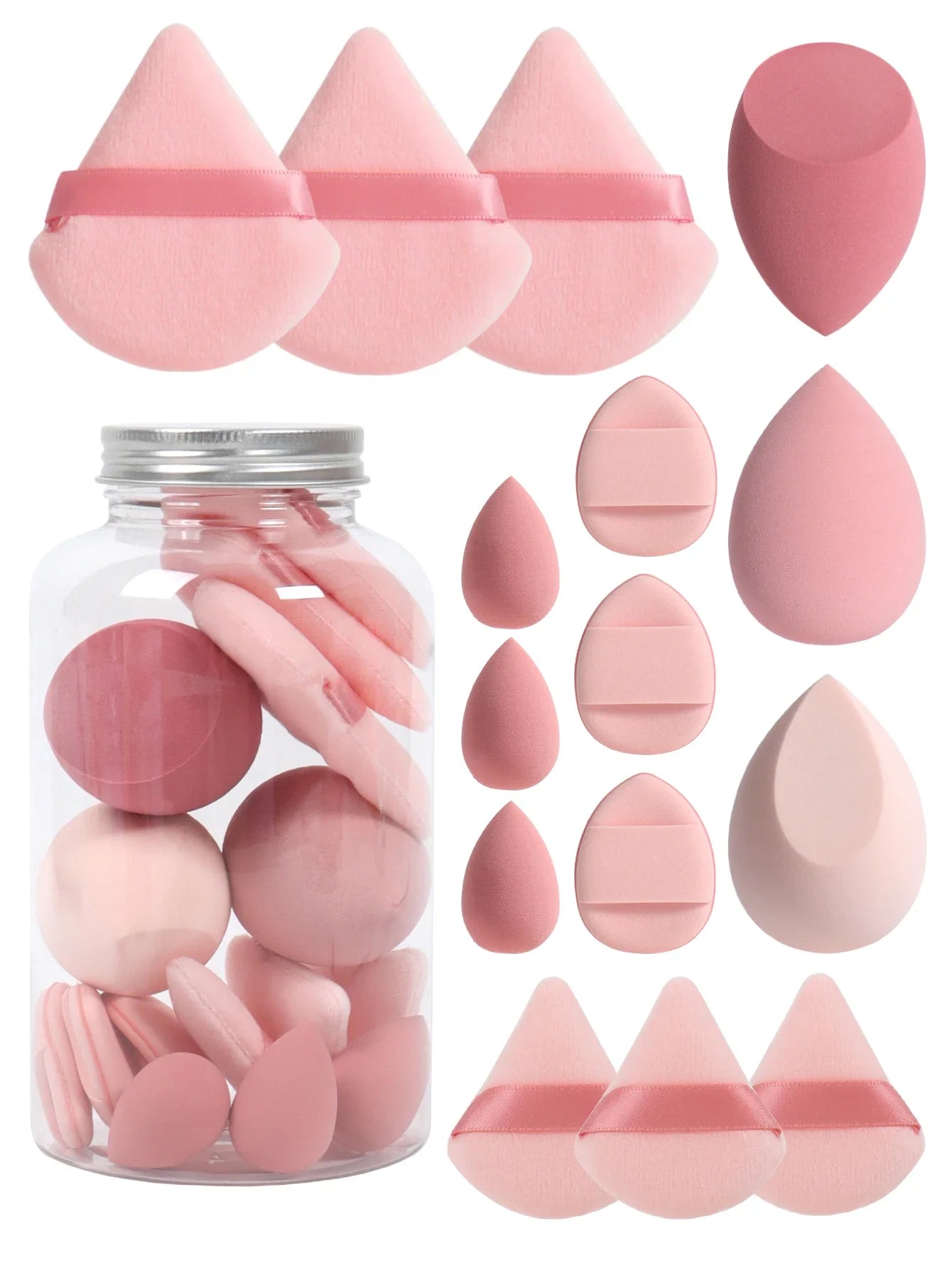 15Pcs Premium Powder Puffs with Storage Jar - Makeup Blending Sponges Set for Face Foundation & Loose Powder Kit