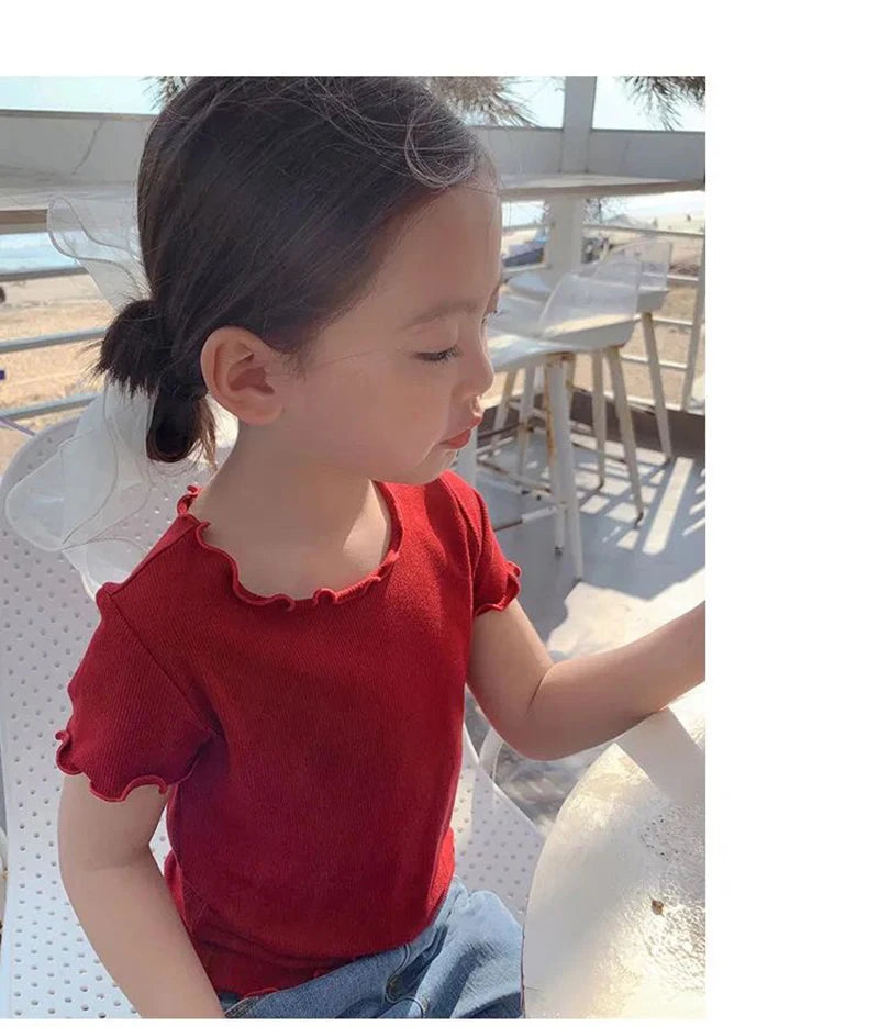 Baby Girls T-Shirt Summer Kids Short Sleeve Tops Tees Soft Ice Silk Fabric Toddler Solid Color Shirts Children's Clothing 1-10Y