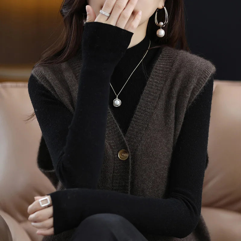 Girls Wear New Women's Loose High-End Waistcoat Knit Vest Wool V-Neck Solid Color Button Sleeveless Fashion Coat Cardigan Trend