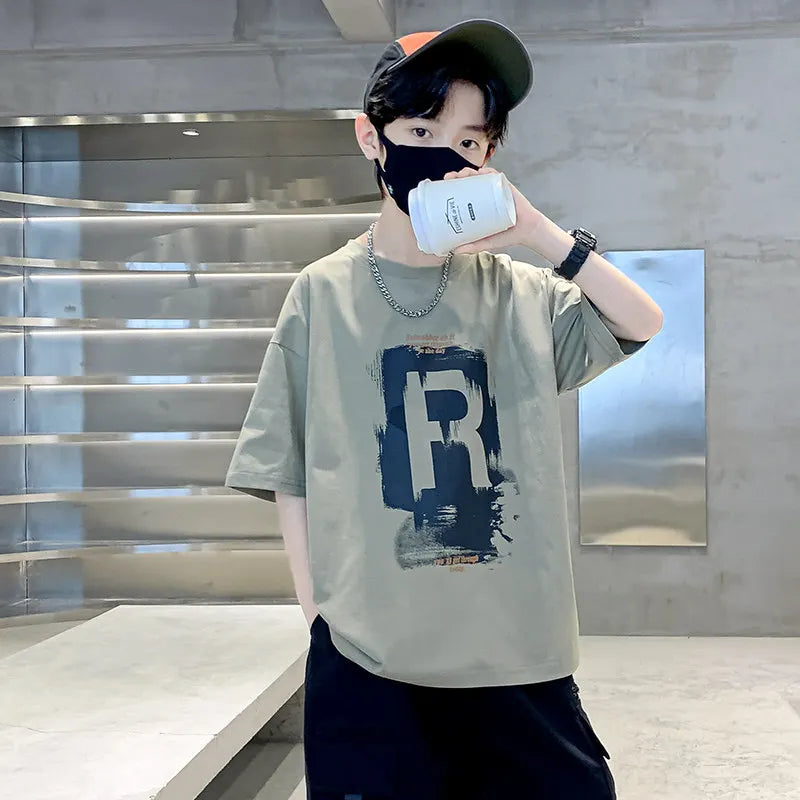 New Kids Boy Casual Tshirts Tops Novelty Printed Summer Children's T-shirt Short Sleeve Clothes Teenager Khaki Black Cotton Tees