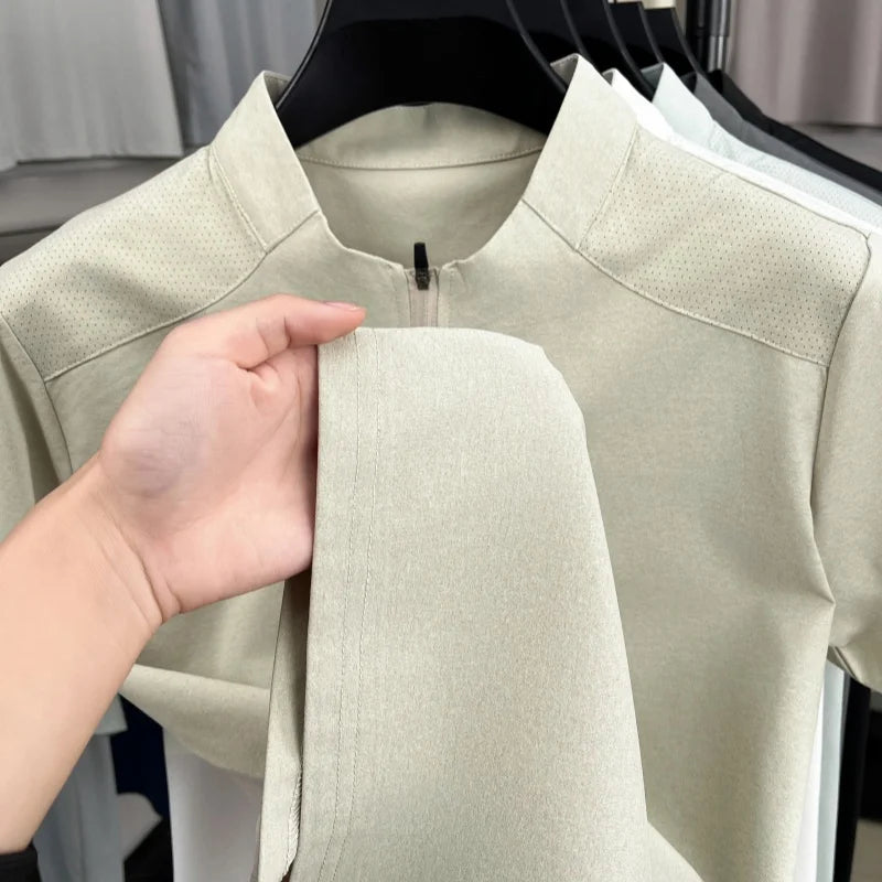 Men's Summer New Bear Embroidered T-Shirt Beach Casual Mesh Half Zipper Short Sleeve Soft Comfortable Splicing Men's Clothing
