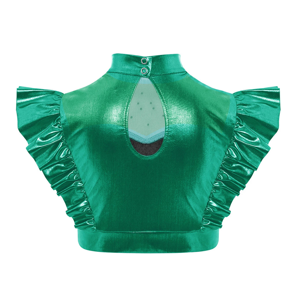 Kids Girls Metallic Shirts Party Disco Jazz Dance Tops Mock Neck Mesh Splice Shiny Rhinestone Sleeveless Ruffle Tank Crop Tops