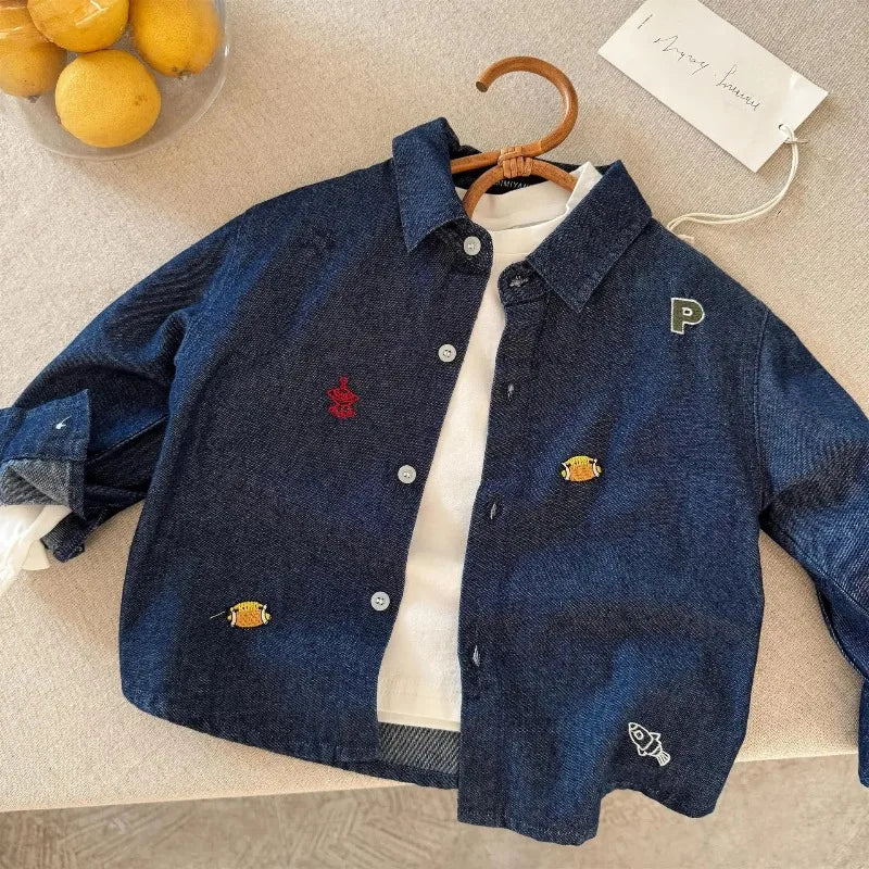 Baby Girls Boys Jean Blouses Kids Blue Shirts 2025 Spring Autumn Tops 1 To 6Yrs Children's Korean Style Clothing