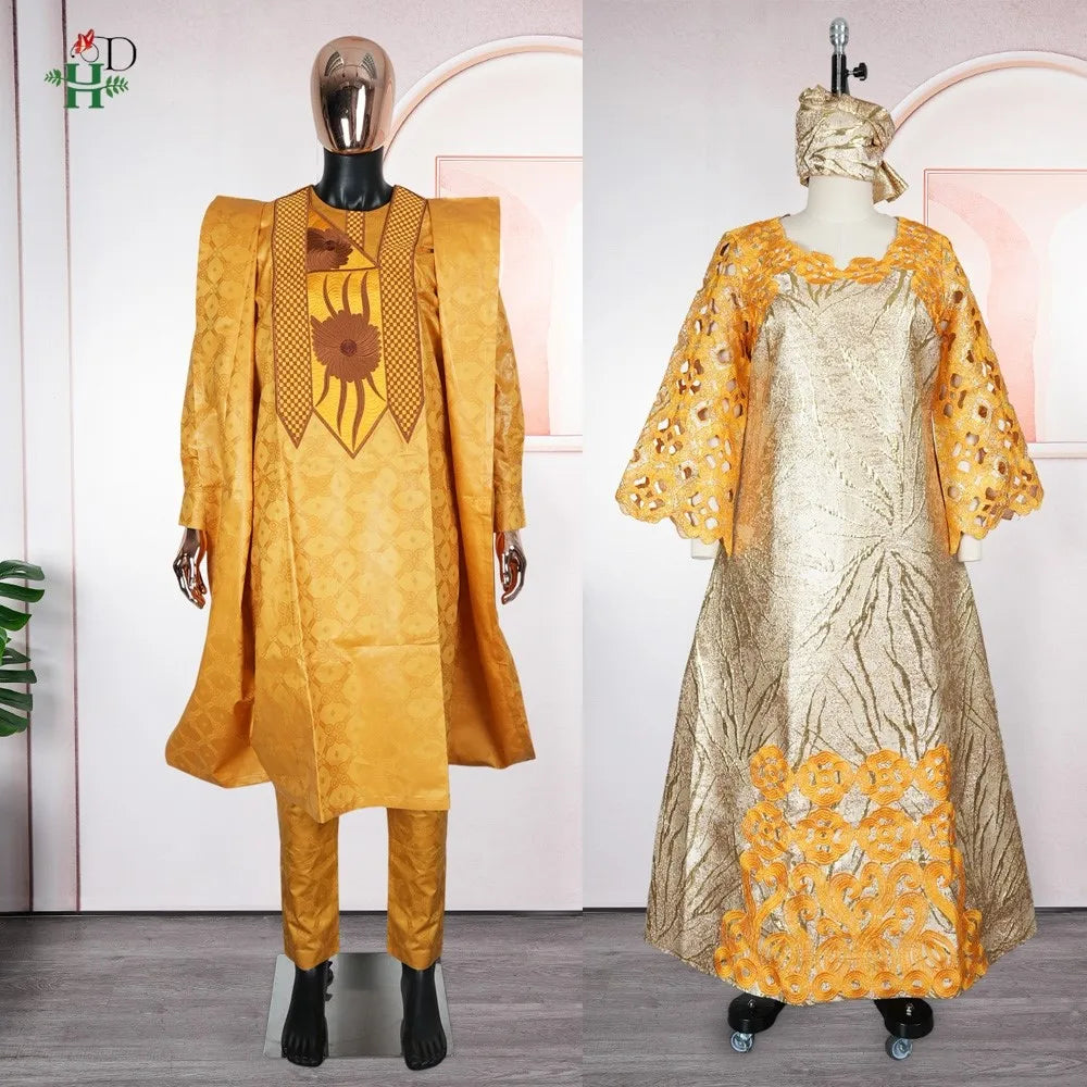 African Dresses For Couple Gold Matching Woman Man Traditional Bazin Riche Embroidery Outfit Turkey Dress Wedding Party Dress