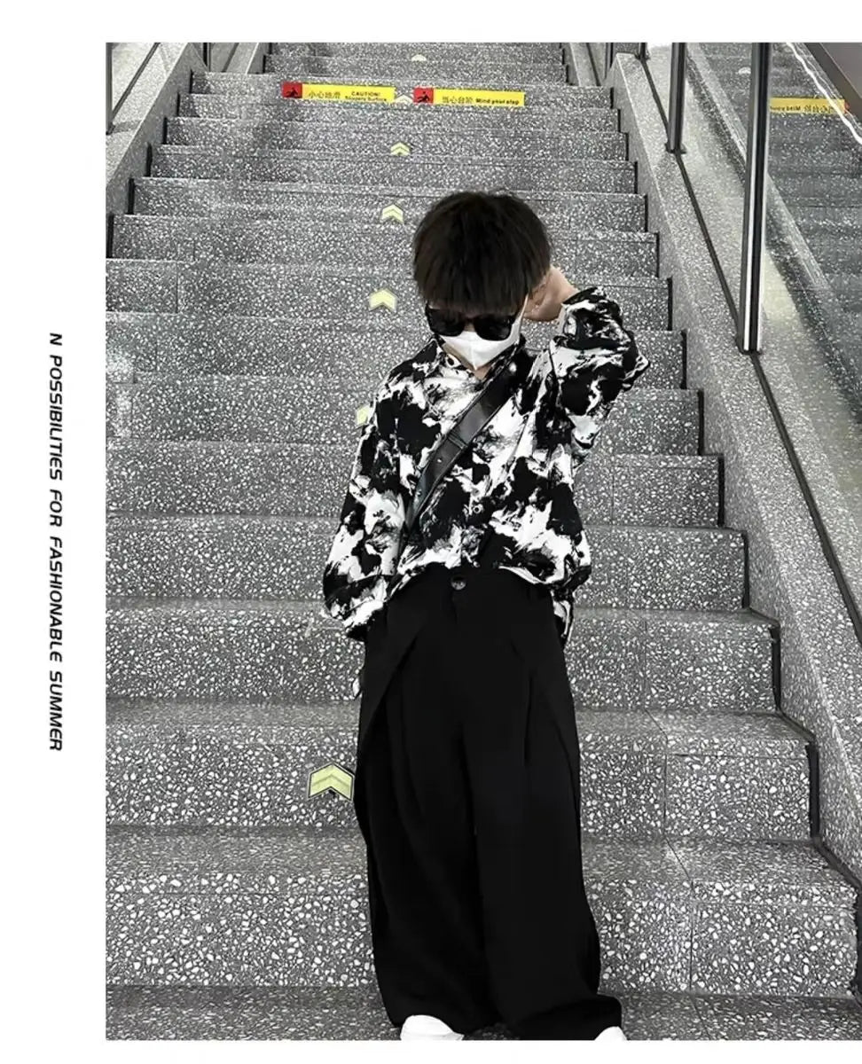 4-14Y Teenage Boy Shirt Outfit Fashion Kids Spring and Autumn Clothing New Korean Ink Painting Shirt and Wide-leg Suit Pants Set