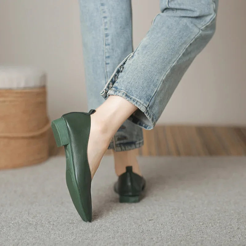 Genuine Leather Multi-color Low-heeled women's Shoes  Round Toe Flat Bottom Shallow Cut Single Shoe Casual Versatile Loafers