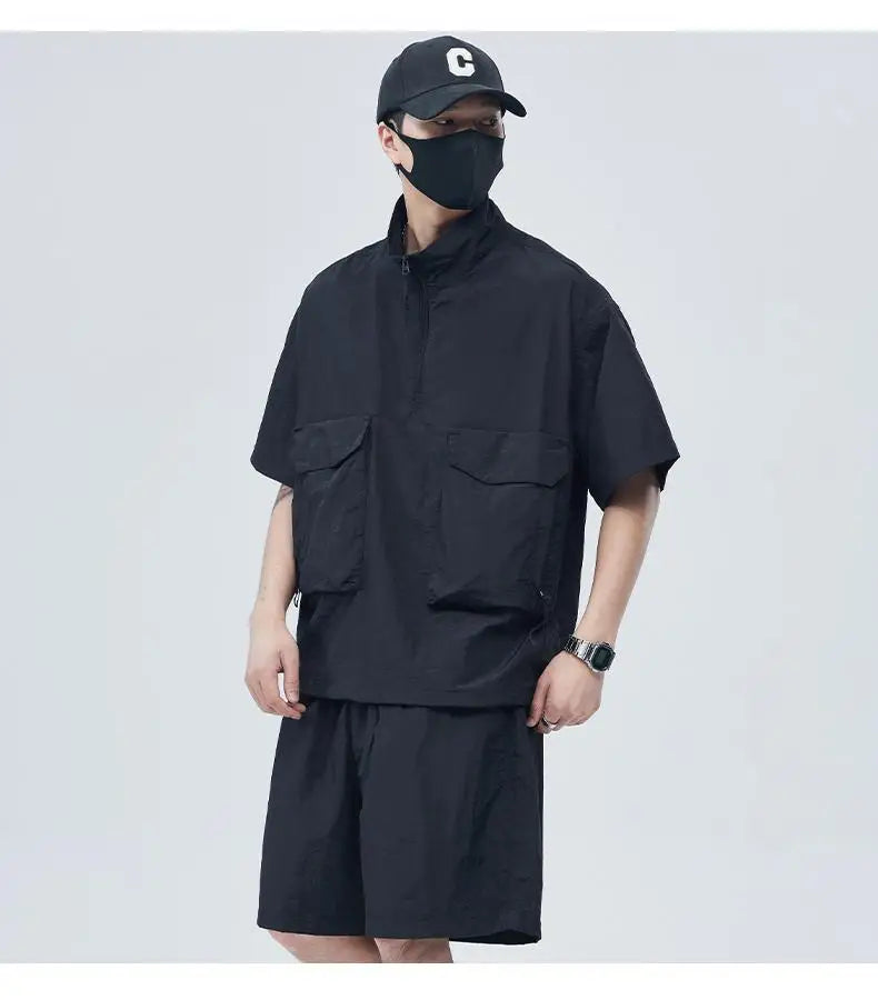 Casual Sportswear Suit for Men Solid Color Loose A Complete Set of Teenagers American Handsome Loose Versatile Two-piece Set