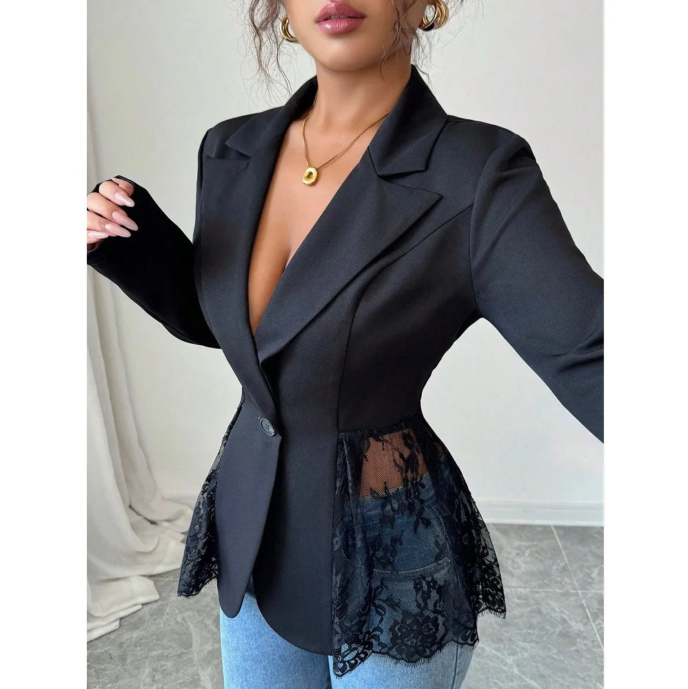Women Elegant Blazer Suits Ladies Spring Autumn Long Sleeve Single Button Jackets Coats with Lace Hem