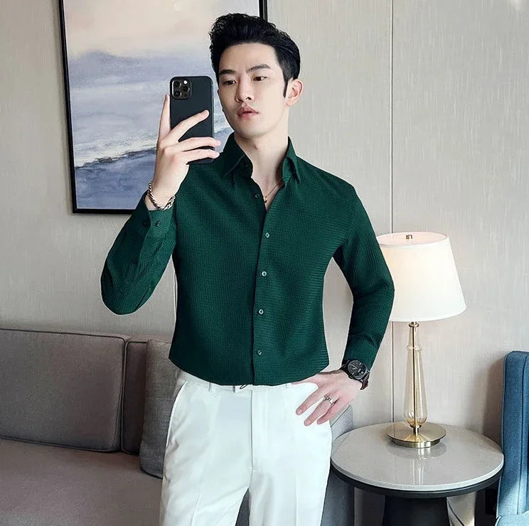 Male Shirts Green Plain Men's Shirt Business Waffle Designer Fashion 2025 Hipster Regular Elegant Slim Fit Cheap Brand Social I
